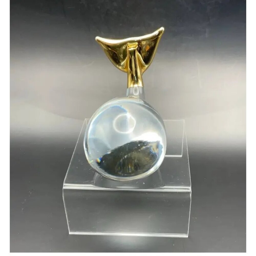 Art Glass Whale Figurine Paperweight Clear With Gold Trim Overlay 2.5 in Tall